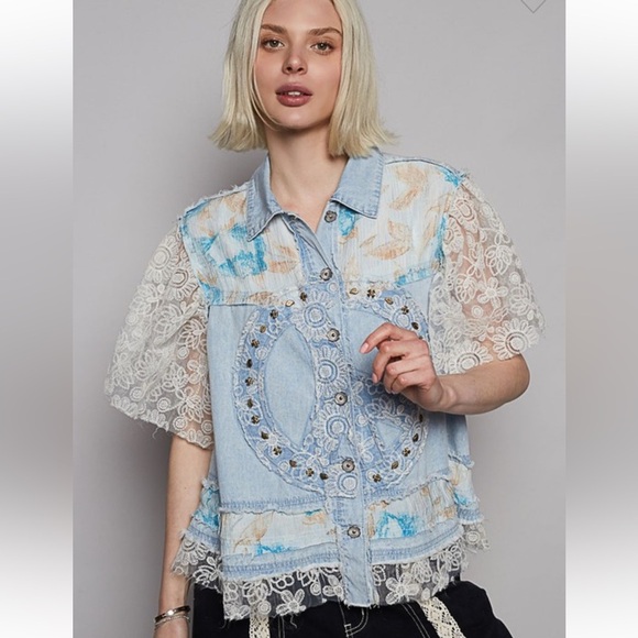 Last one 🩵POL. New. Denim and Lace Patchwork Peace Jacket - Picture 2 of 4